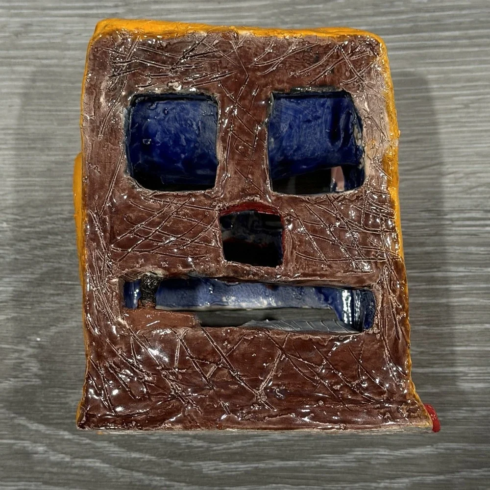 Handmade Ceramic Cat House Luminary Tealight Candle Holder‎ Orange Folk Art